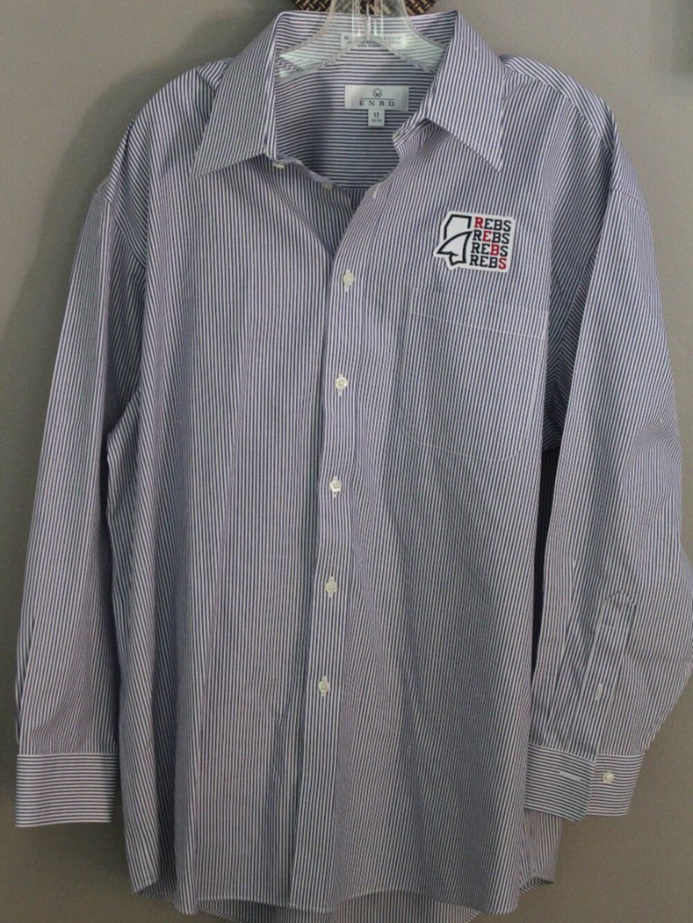 Upcycled Enro Button Down Shirt – Rebels (Ole Miss) Patch, 17 Neck, 31 Length